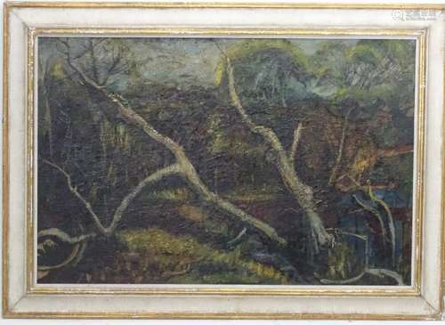 Indistinctly signed, 1953, Oil, Trees on a river bank,