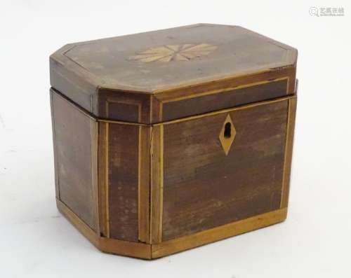 An 18thC Sheraton mahogany tea caddy, with canted