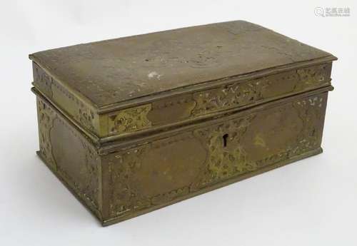 A 19thC brass box/casket with blind fret decoration to