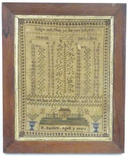 Rare 1839 Sampler: M Bartlett, Aged 9...  A Pounds,