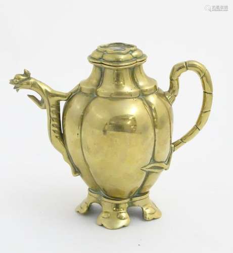 A Chinese cast brass, melon shaped, teapot/aquamanile