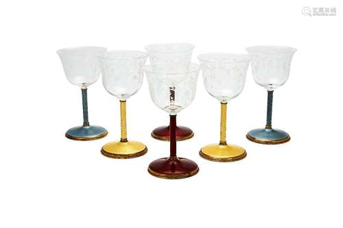 Asprey, a set of six Italian silver gilt, enamel and glass wine glasses