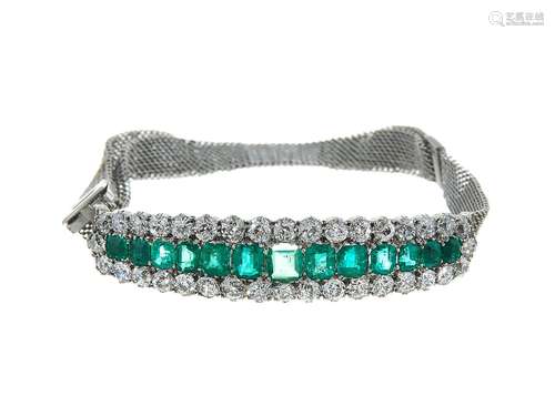 An emerald and diamond panel bracelet