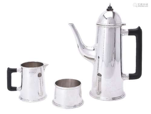 A silver plain straight-tapered three piece coffee service by Theo Fennell