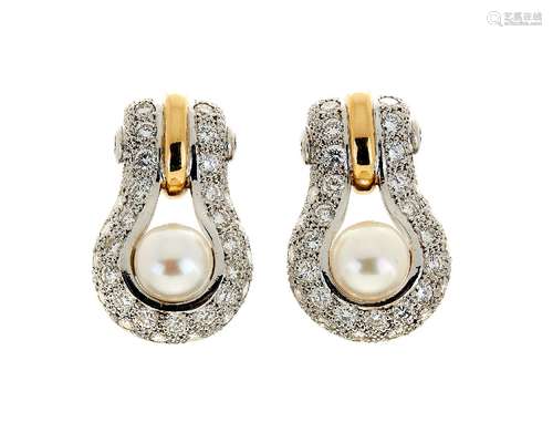 A pair of diamond and Akoya cultured pearl ear pendants