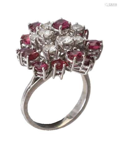 A 1970s ruby and diamond target cluster ring