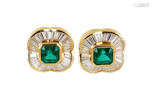 A pair of diamond and emerald cluster earrings