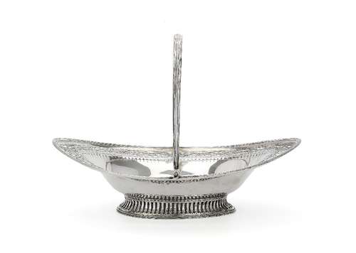 A George III silver navette shaped fruit or cake basket by Hester Bateman