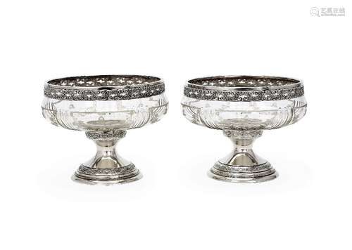 A pair of French silver mounted pedestal glass bowls by Joseph Crossard