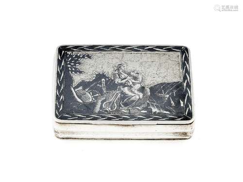 A Russian silver and niello rectangular snuff box by Dimitri Kolyestnikov