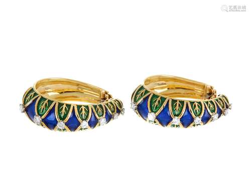 A pair of diamond set enamelled hoop earrings