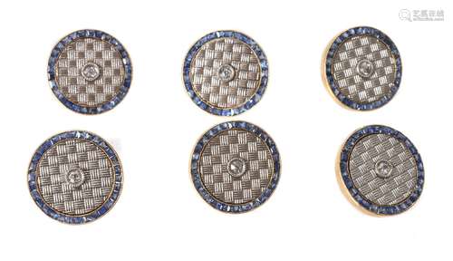 A set of six early 20th century French two colour diamond and sapphire dress buttons