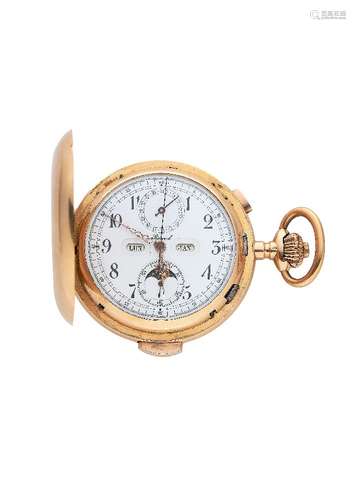 Rocail, an 18 carat gold full hunter keyless wind quarter repeating calendar pocket watch