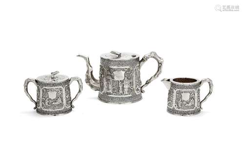 ϒ A Chinese export silver three piece tea service