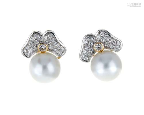 A pair of diamond and South Sea cultured pearl earrings