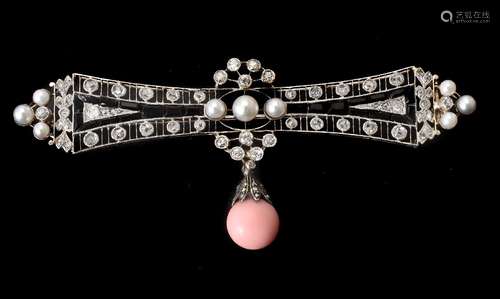 An early 20th century conch pearl, diamond, pearl, and onyx brooch