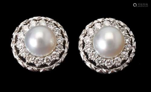 A pair of diamond and cultured pearl cluster ear clips