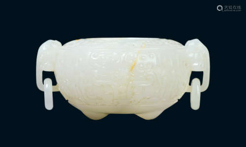 汉代 白玉饕餮纹兽首环水盂