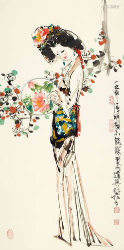 林墉 (b.1942)壬申（1992年）作执扇仕女 镜心 设色纸本