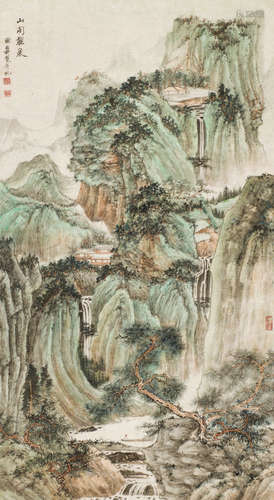 谢稚柳(1910-1997) 山阁听泉 立轴 设色纸本