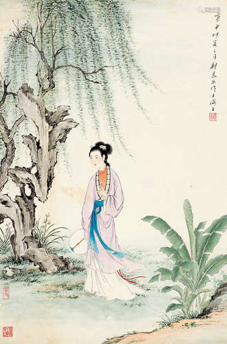 郑慕康 (1901-1982)庚申（1920年）作柳阴仕女图 立轴 设色纸本