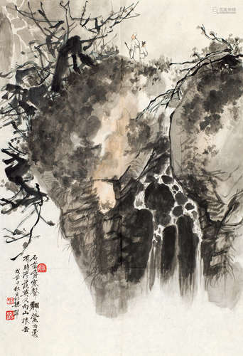 梁树年 (1911-2005)戊辰（1988年）作观瀑图 镜心 设色纸本