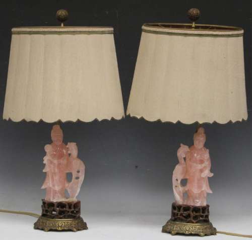 PAIR OF CHINESE ROSE QUARTZ FIGURAL CARVED STATUES