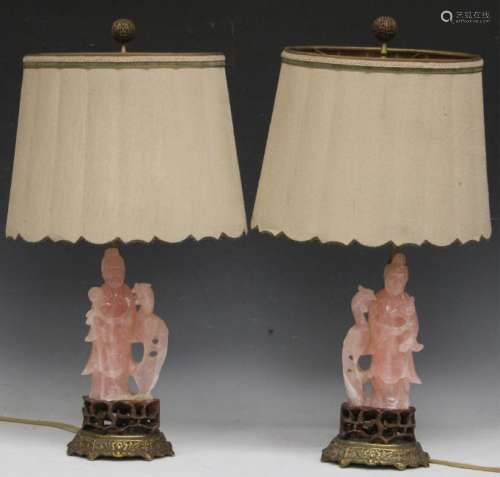 PAIR OF CHINESE ROSE QUARTZ FIGURAL CARVED STATUES