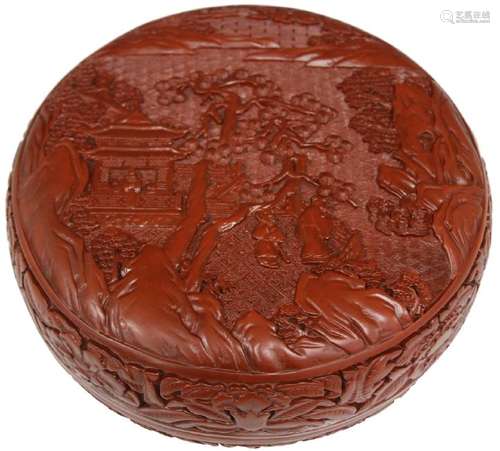 CHINESE CARVED CINNABAR BOX, 9 1/2