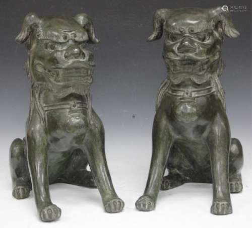 PAIR OF CHINESE CAST METAL FOO DOGS, 18