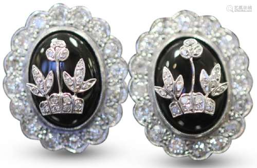 PAIR OF ART DECO DIAMOND PICTURE EARRINGS W/ ONYX