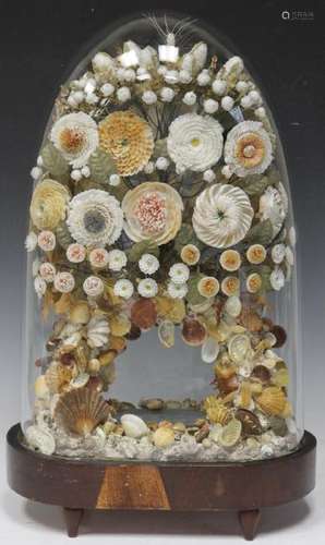 19TH C. GLASS DOME WITH FLORAL AND SHELL DECOR