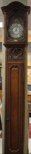 FRENCH 18TH C. CARVED OAK TALL CASE CLOCK