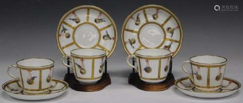 SET OF (4) 19TH C. PAINTED FRENCH TEA CUPS/SAUCERS