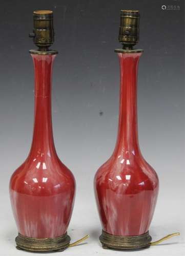 PAIR OF CHINESE FLAMBE POTTERY VASES, LAMPS