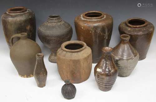 LOT OF (10) VARIOUS BROWN POTTERY VASES/JARS