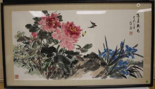 YUAN-TAO FRAMED CHINESE FLORAL WATERCOLOR