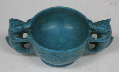 CHINESE TURQUOISE BOWL WITH WOLF FIGURES