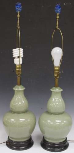PAIR OF CHINESE CELADON POTTERY LAMPS
