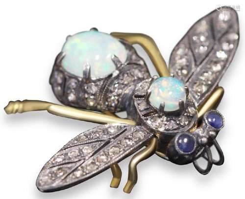 OPAL, SAPPHIRE, & DIAMOND 14KT/STERLING BUG PIN