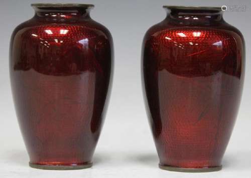 PAIR OF JAPANESE PIGEON BLOOD CLOISONNE VASES