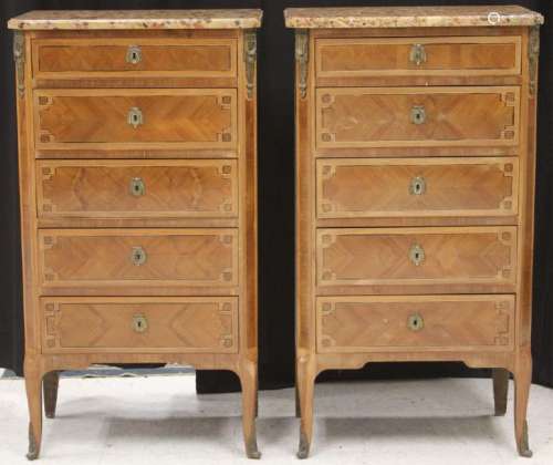 PAIR OF FRENCH MARQUETRY MARBLE TOP COMMODES