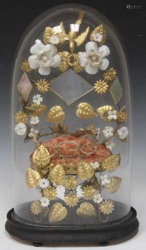 19TH C. GLASS DOME WITH FLORAL AND SHELL DECOR