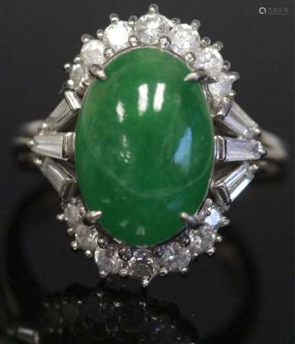 GREEN JADEITE JADE PLATINUM RING W/ DIAMONDS