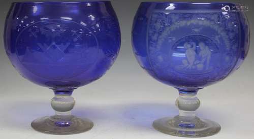 PAIR OF ETCHED COBALT BLUE VASES, 10