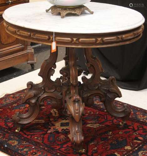 VICTORIAN CARVED WALNUT MARBLE TOP CENTER TABLE