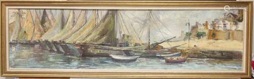 VINTAGE OIL ON CANVAS OF HARBOR SCENE, SIGNED