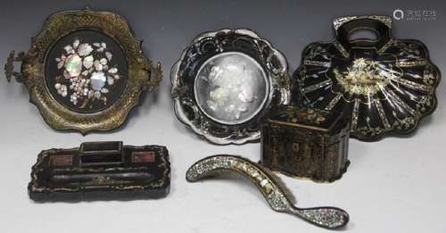 LOT OF (6) 19TH C. PAPIER MACHE INLAID SET