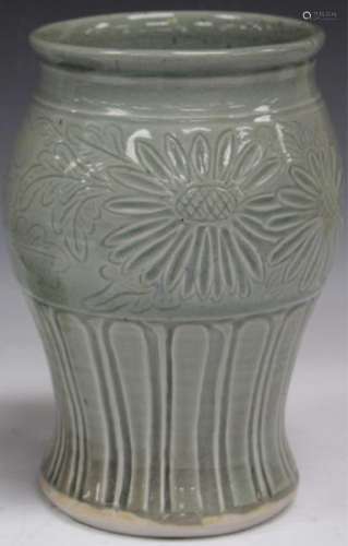 CHINESE SCULPTED CELADON VASE, 9 1/2