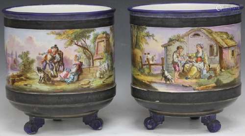 PAIR OF CONTINENTAL PAINTED FOOTED URNS, 19TH C.